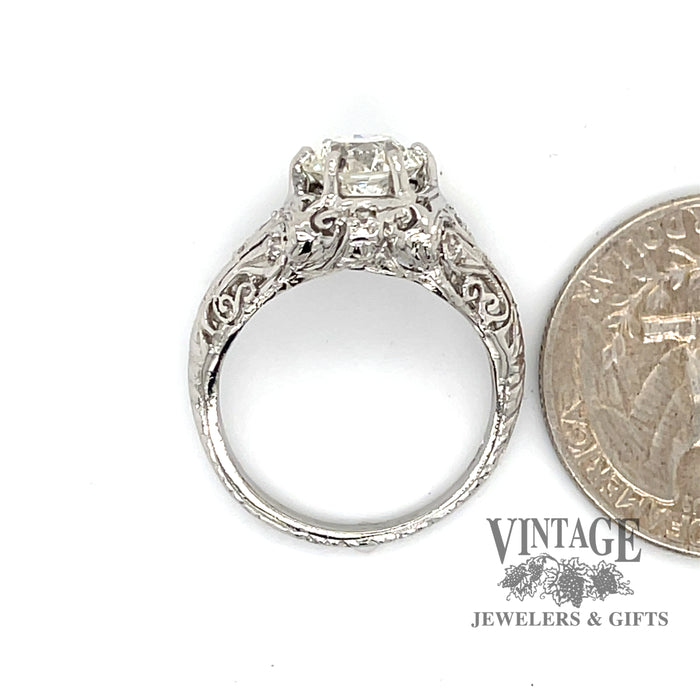  Antique hand fabricated platinum filigree diamond ring, shown with quarter for size reference