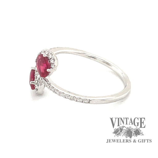 14 karat white gold .68ctw 2-ruby and diamond bypass ring, side view