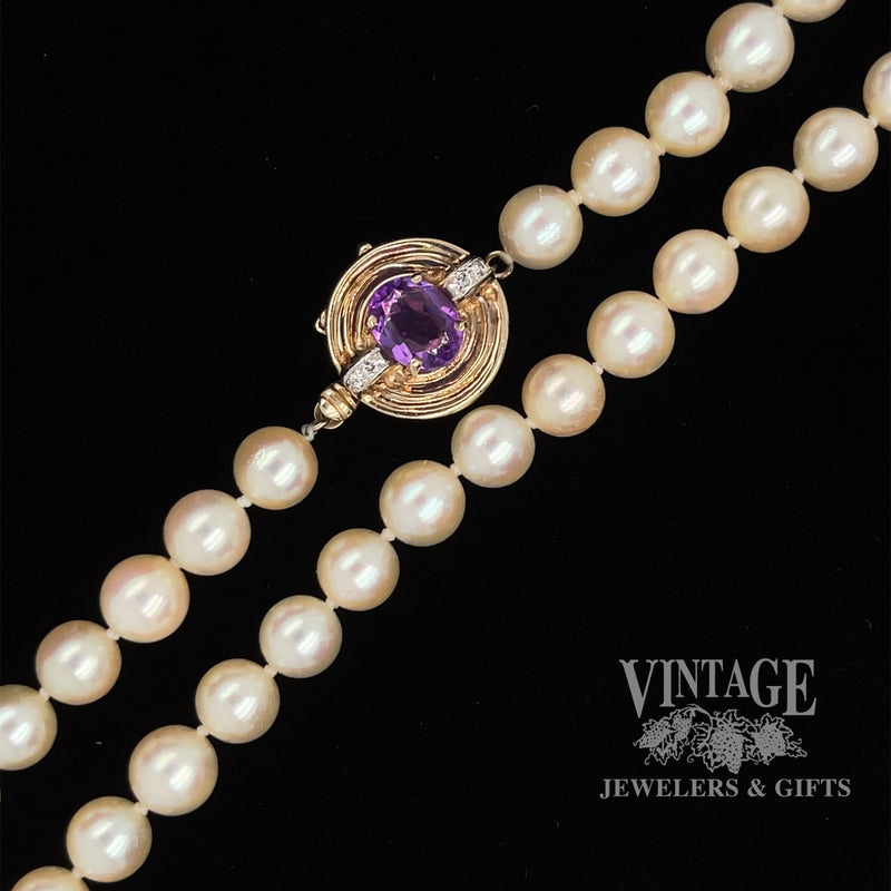 18” Cultured Akoya pearl necklace with 14ky gold amethyst clasp