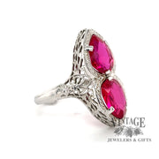 14 karat white gold 2.8 carat total weight ruby vintage filigree ring, angled view