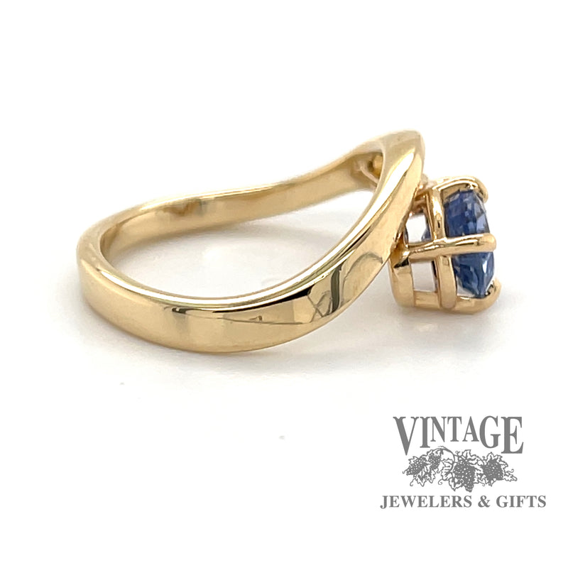 1.30ct Pear shape blue sapphire contemporary 14ky ring side