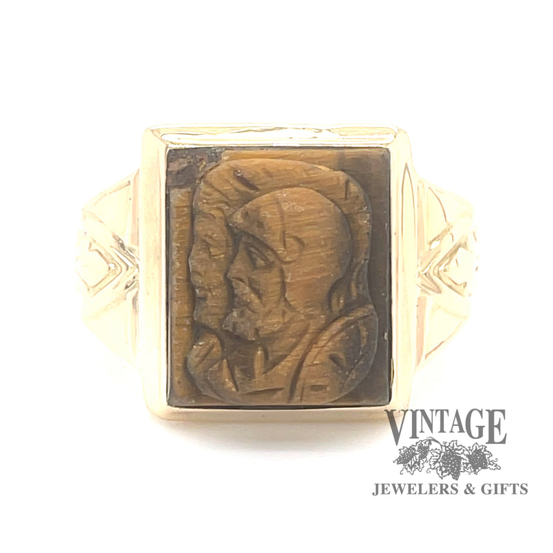 14 karat yellow gold tiger eye intaglio ring