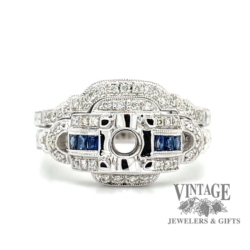 Diamond and sapphire hand engraved 14kw gold semi mount ring with matching wedding band