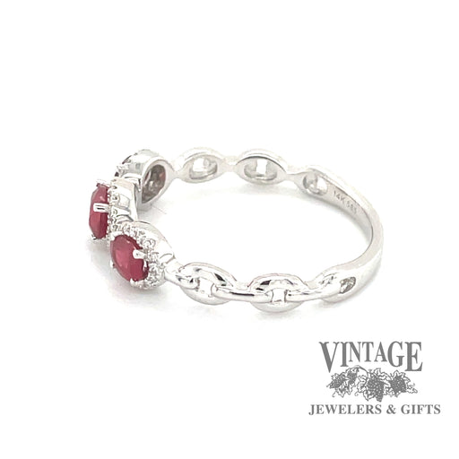 14 karat white gold oval ruby with diamond halo ring, side view