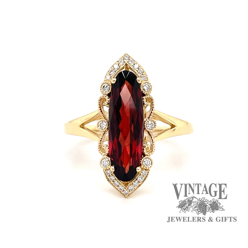 14 karat yellow gold 2.58 carat oval garnet and diamond ring