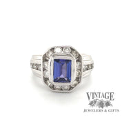 14 karat white gold 1ct emerald cut Tanzanite and diamond  ring