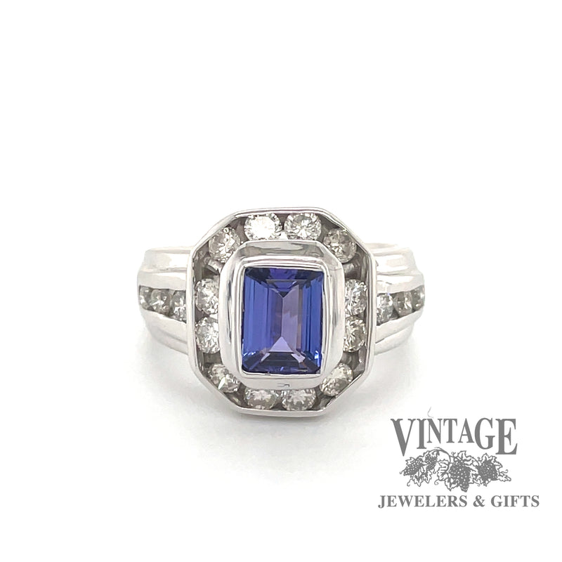14 karat white gold 1ct emerald cut Tanzanite and diamond  ring