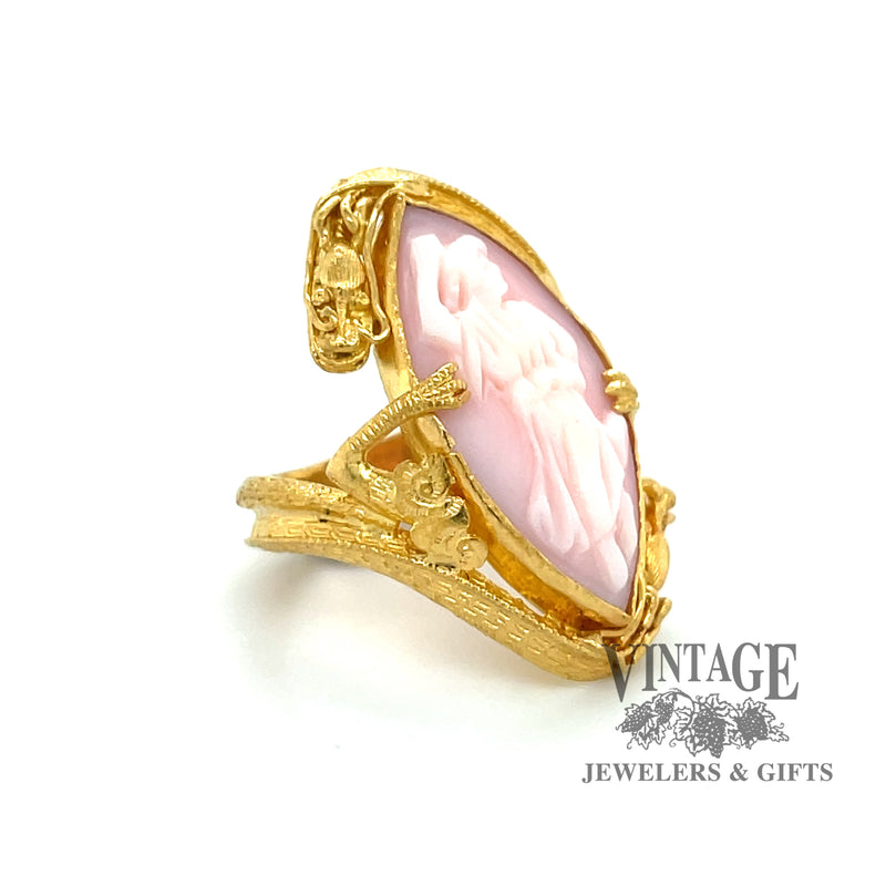 24 karat yellow gold marquise cameo dragon bypass ring, angled view