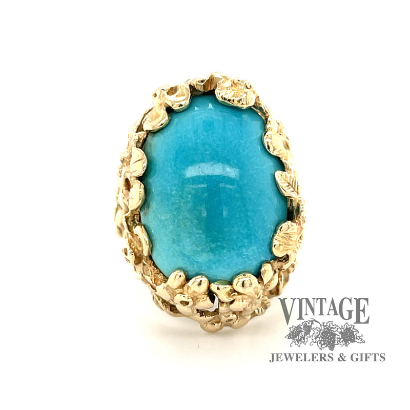 14 karat yellow gold floral design turquoise ring
