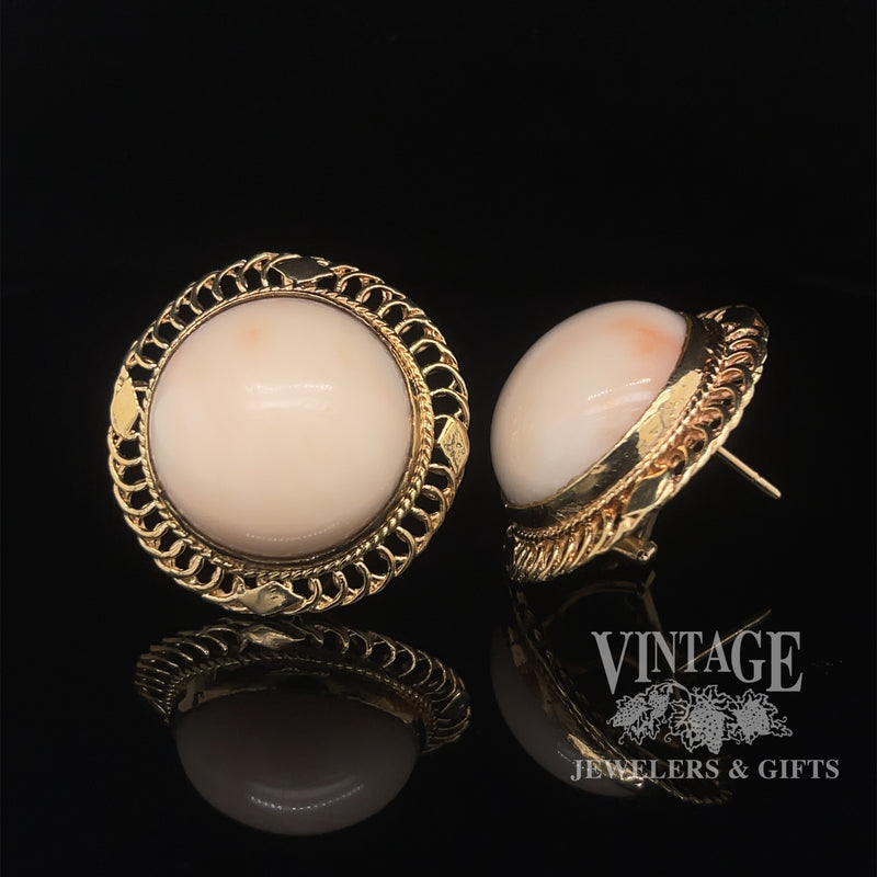 Coral button 14ky gold earrings