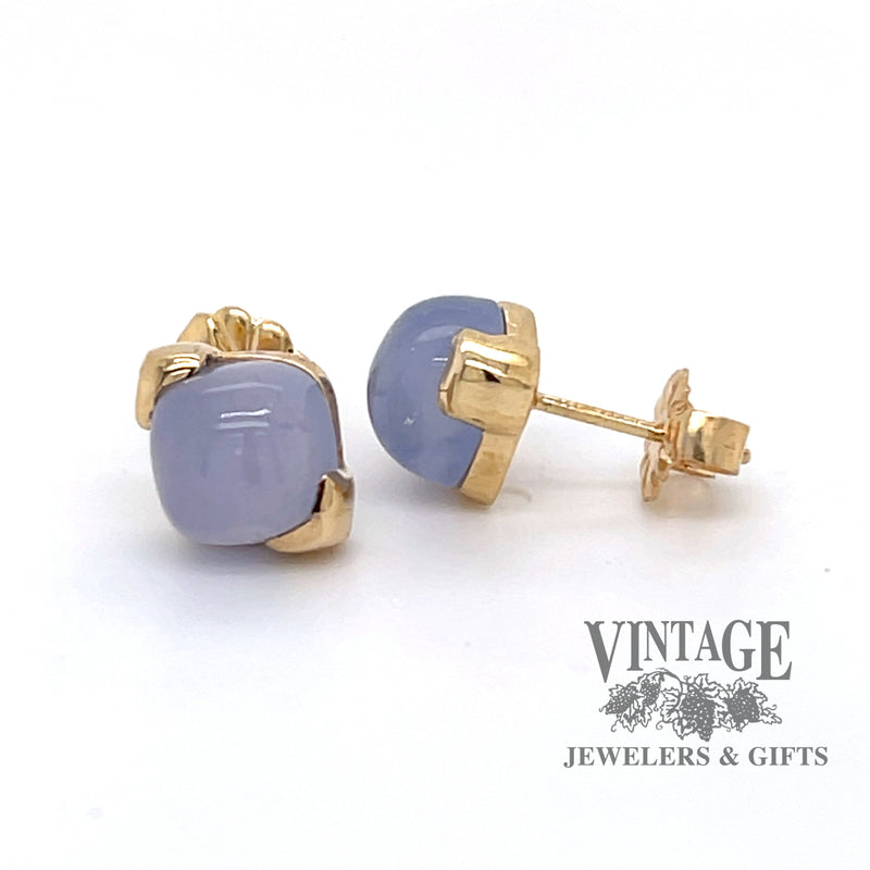 14k gold 7m cushion shape cabochon blue chalcedony stud earrings.