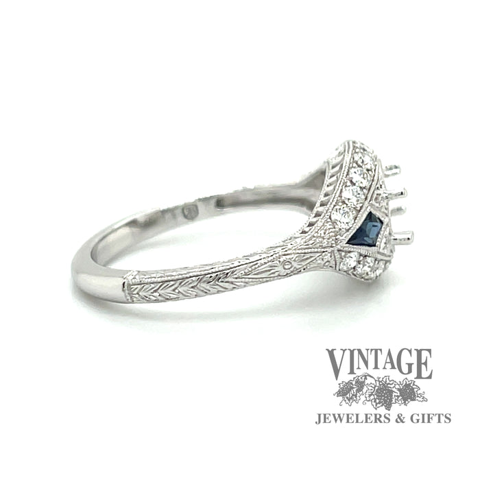 Art Deco inspired sapphire and diamond hand engraved 14kw ring