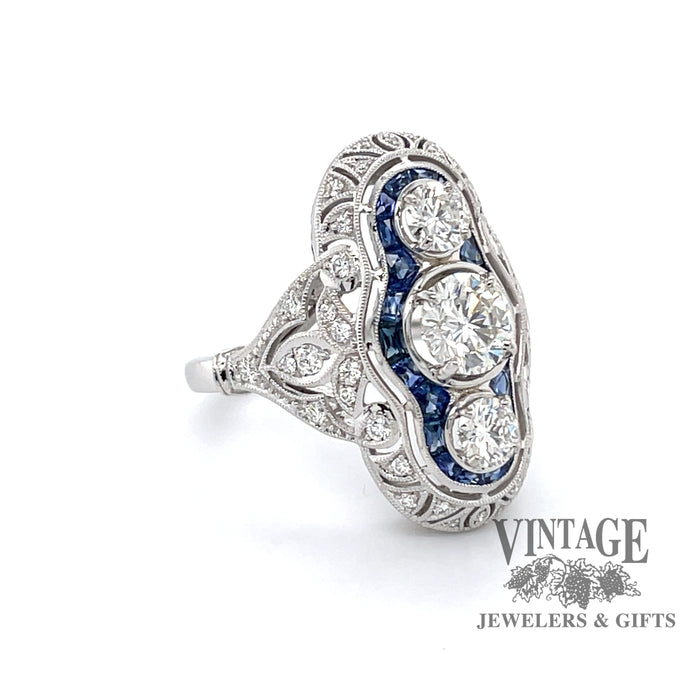 14k white gold vintage inspired filigree 3-stone diamond and sapphire ring, angled view