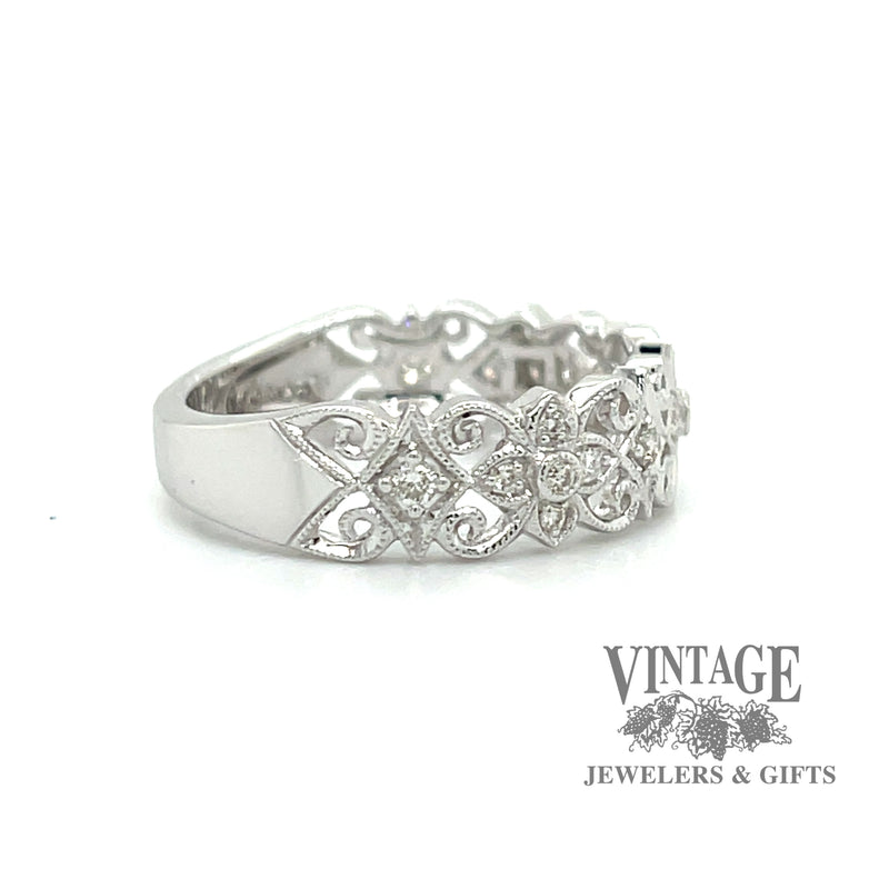 14 karat white gold diamond filigree band ring, side view