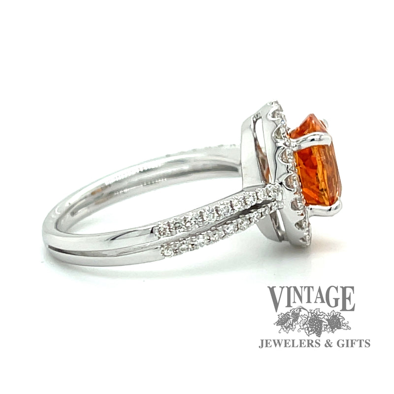 18 karat white gold 3.56 carat mandarin garnet and diamond ring, side view