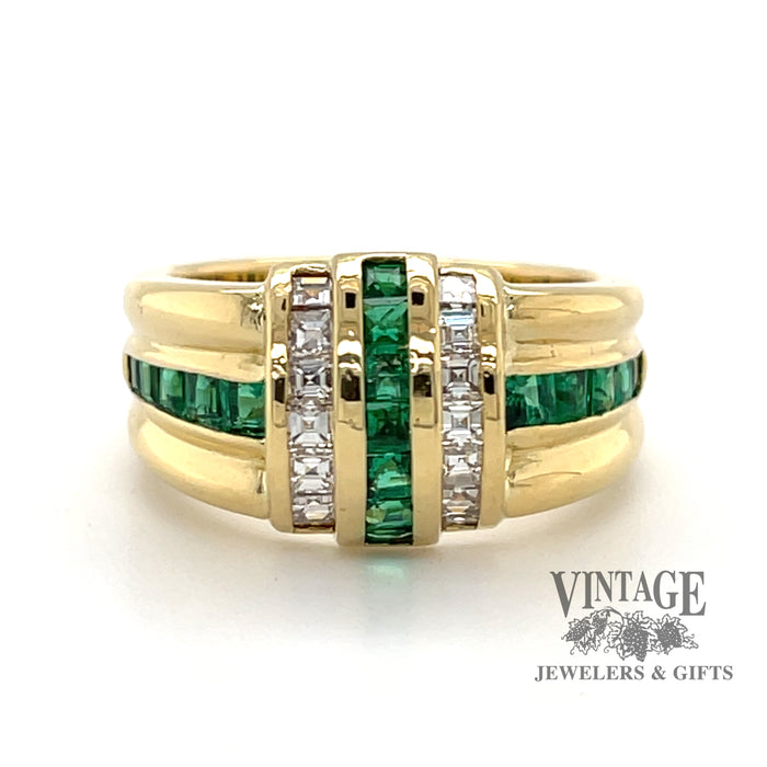 18 karat yellow gold emerald and diamond channel set band ring