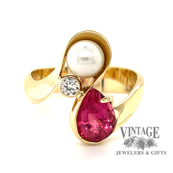 18 karat yellow gold pink tourmaline pearl and diamond  bypass ring