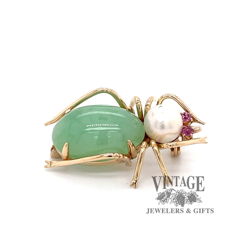 Jadeite pearl and ruby 14ky gold beetle pin
