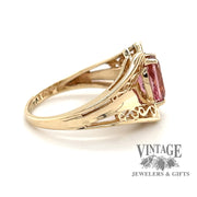 10 karat yellow gold 1.16ct Pink tourmaline filigree ring, side view