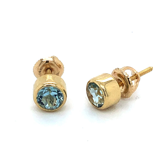 14 karat yellow gold aquamarine in yellow gold bezel settings with screw post and nut