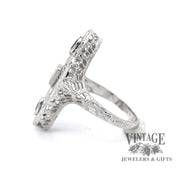18 karat white gold vintage filigree elongated sapphire and diamond ring, side view