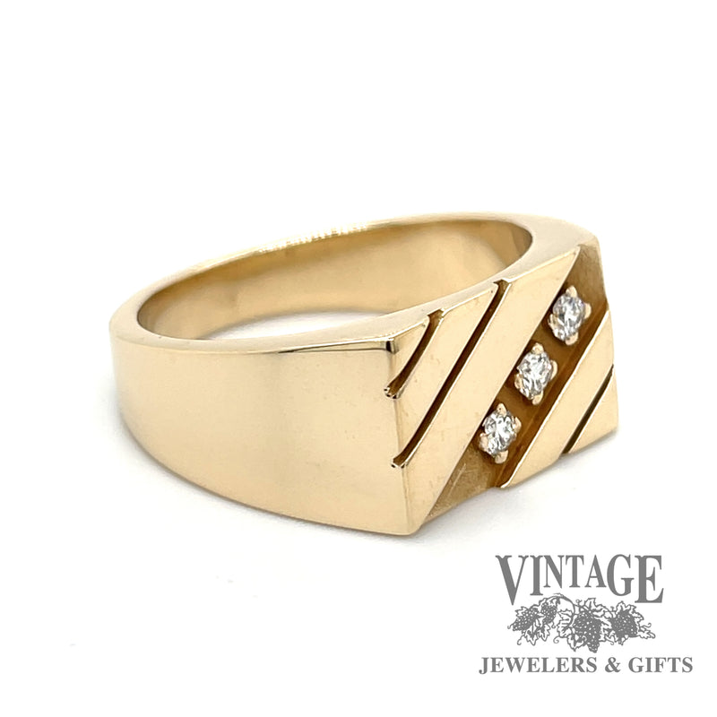 Diagonal striped rectangular 10ky gold and diamond signet ring
