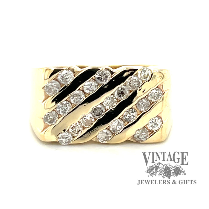 14 karat yellow gold diagonal channel set diamonds, rectangular signet ring