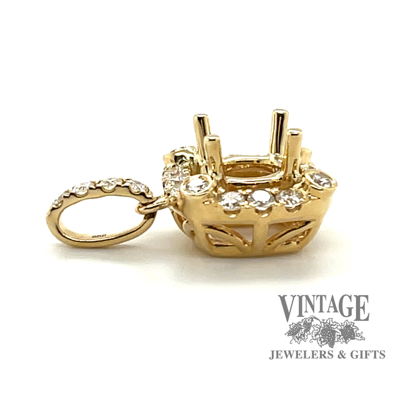 Cushion shaped 14ky gold and diamond pendant for 6.5 round center