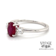 14 karat white gold 1.02ct Natural oval ruby and diamond ring, angled side view