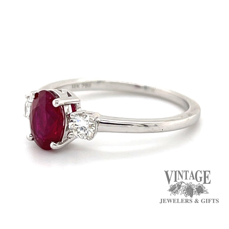 14 karat white gold 1.02ct Natural oval ruby and diamond ring, angled side view