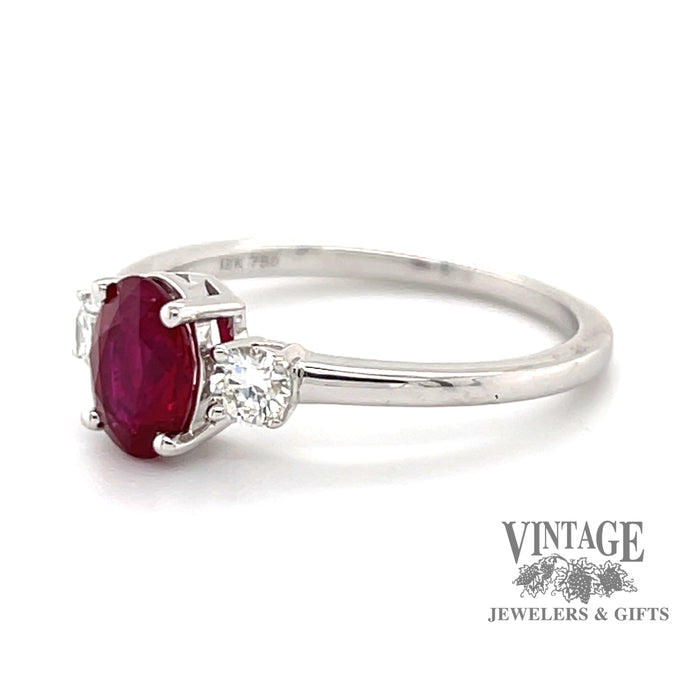 14 karat white gold 1.02ct Natural oval ruby and diamond ring, angled side view