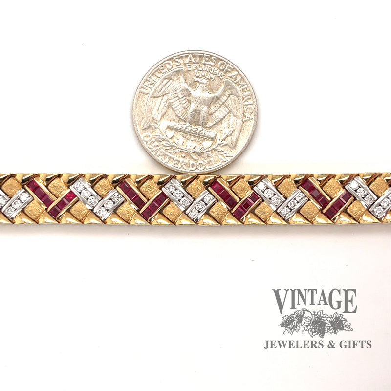 Yellow gold caliber cut natural ruby/diamond bracelet