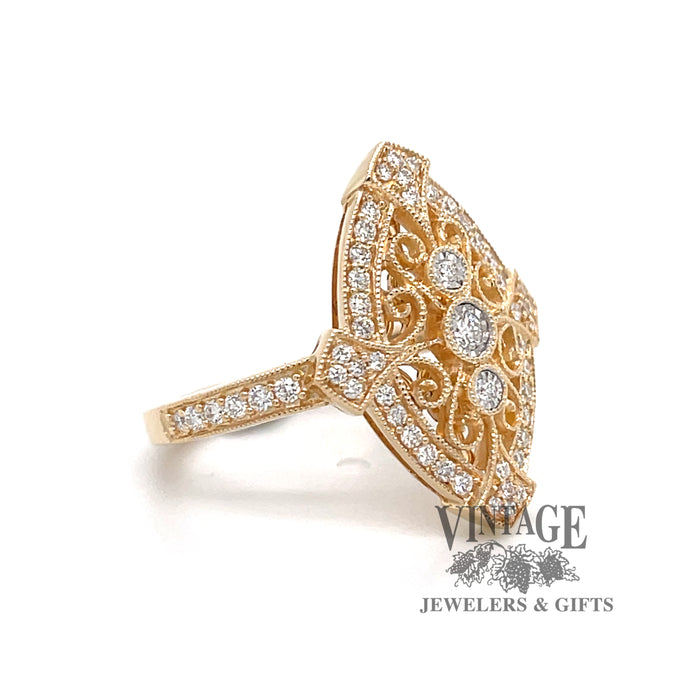 Marquise shaped filigree diamond 14ky gold ring angle