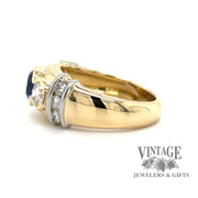 18 karat yellow gold & platinum 1.15 carat Sapphire and 1.02 carat total weight diamond 3-stone ring, side view