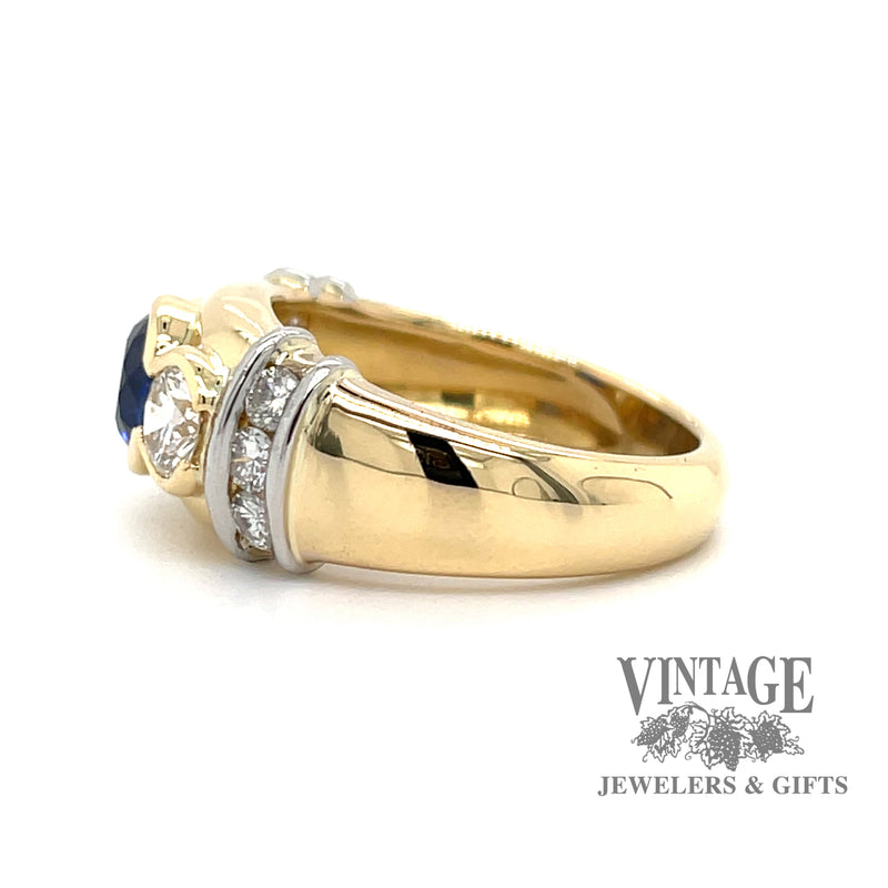 18 karat yellow gold & platinum 1.15 carat Sapphire and 1.02 carat total weight diamond 3-stone ring, side view