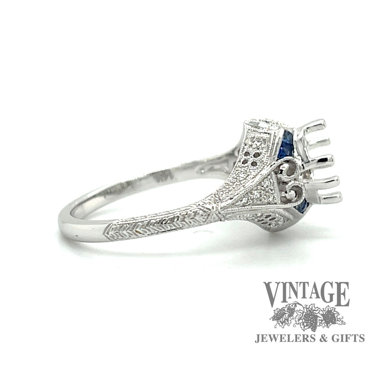 Filigree hand engraved sapphire and diamond vintage inspired 14kw gold ring