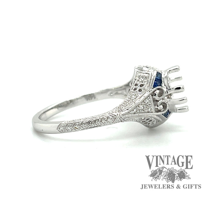 Filigree hand engraved sapphire and diamond vintage inspired 14kw gold ring