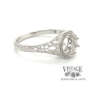 14 karat white gold octagonal shape filigree solitaire ring mounting, angled view