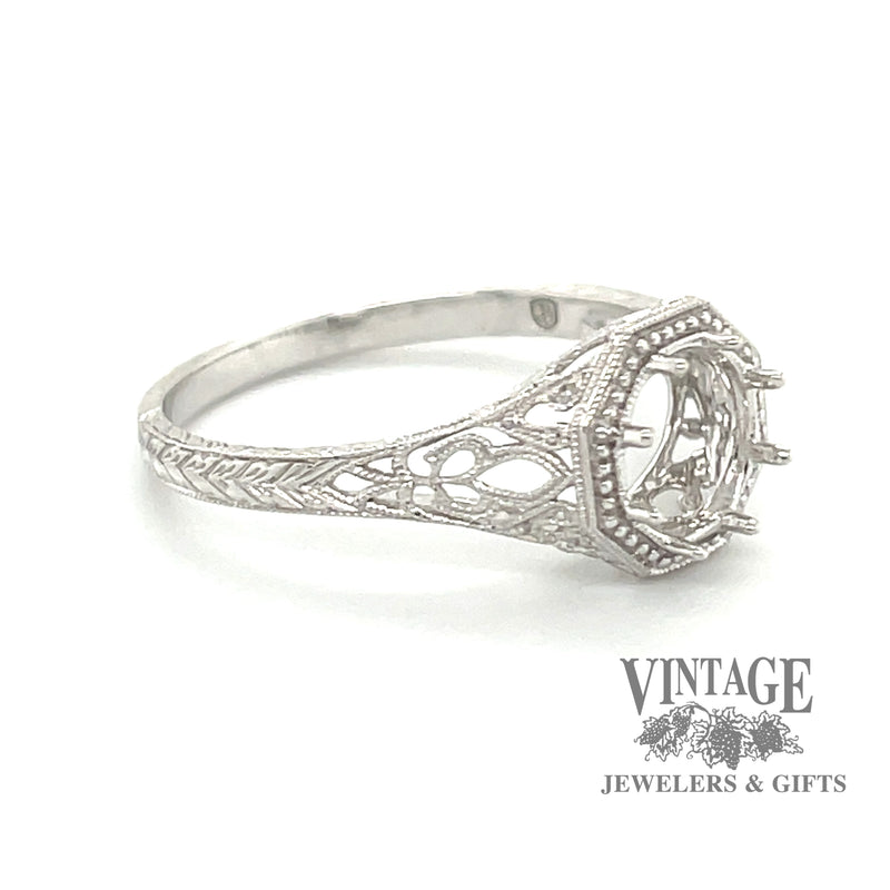 14 karat white gold octagonal shape filigree solitaire ring mounting, angled view