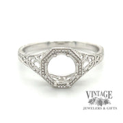 14 karat white gold octagonal shape filigree solitaire ring mounting