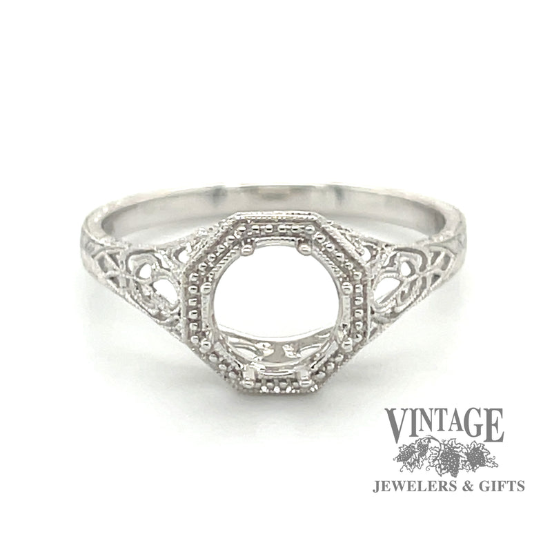 14 karat white gold octagonal shape filigree solitaire ring mounting