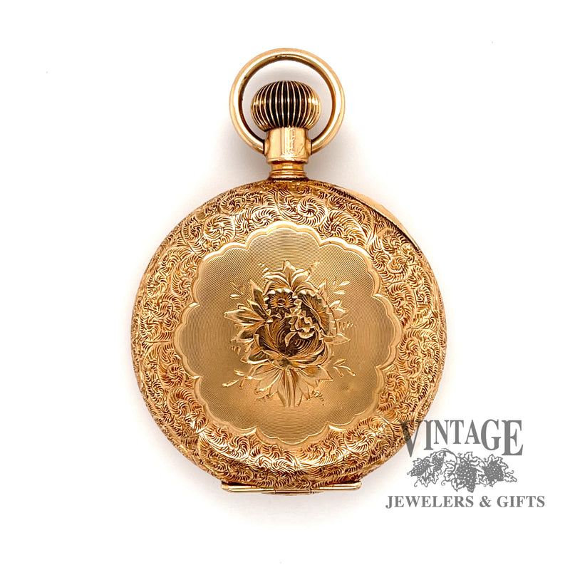 Antique Elgin 14 karat yellow gold hand engraved pocket watch
