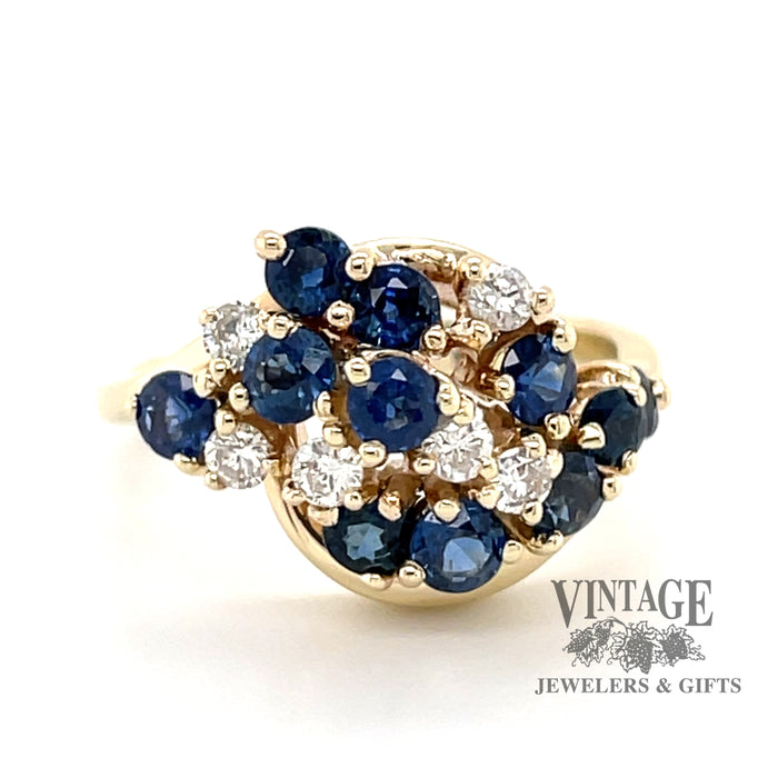 14 karat yellow gold estate sapphire and diamond cluster ring