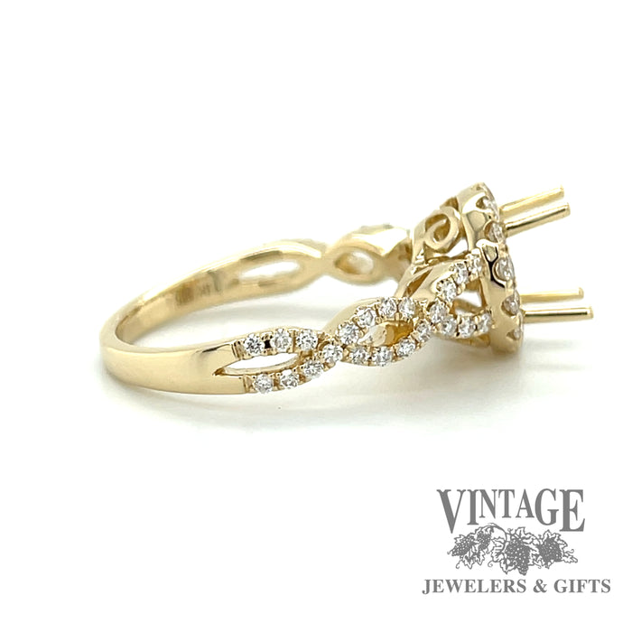 14 karat yellow gold braided shank diamond halo semi-mount ring, side view