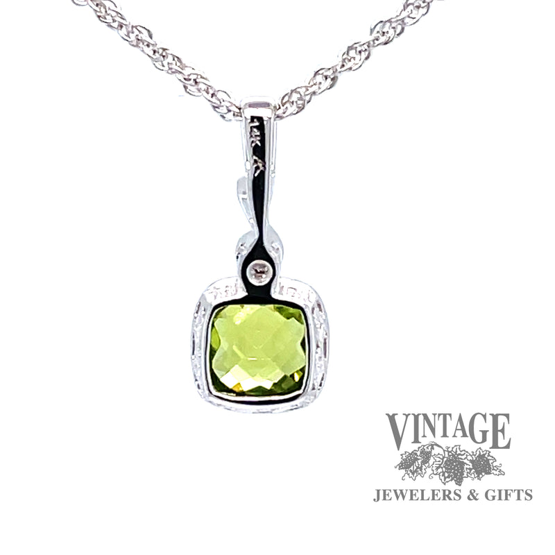 14 karat white gold checkerboard cushion cut natural peridot pendant, rear view