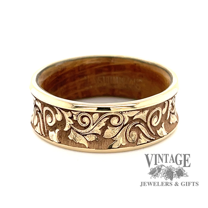 Whiskey Barrel 14ky gold engraved western scroll ring band