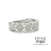 14 karat white gold diamond filigree band ring, angled view