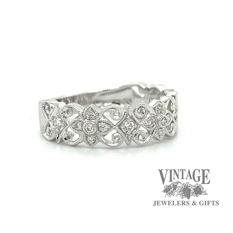 14 karat white gold diamond filigree band ring, angled view