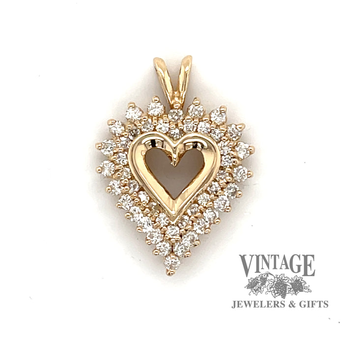 14 karat yellow gold heart shaped two row  diamond pendant