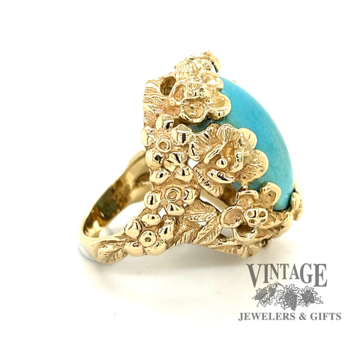 14 karat yellow gold floral design turquoise ring, side view
